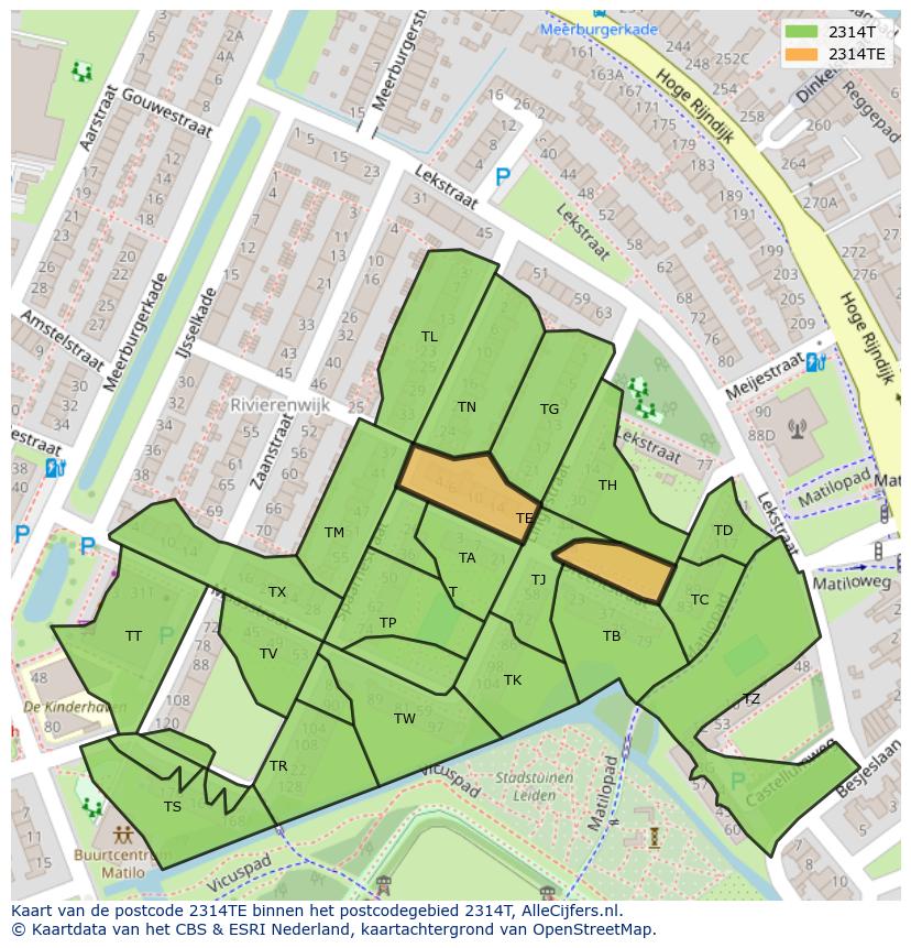 Afbeelding van het postcodegebied 2314 TE op de kaart.