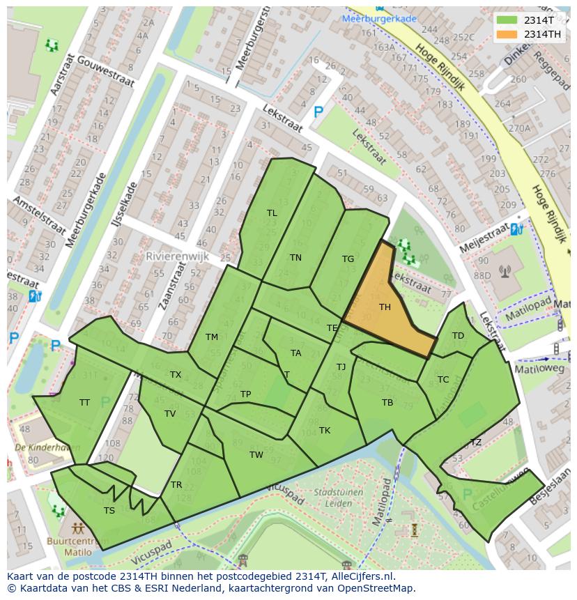 Afbeelding van het postcodegebied 2314 TH op de kaart.