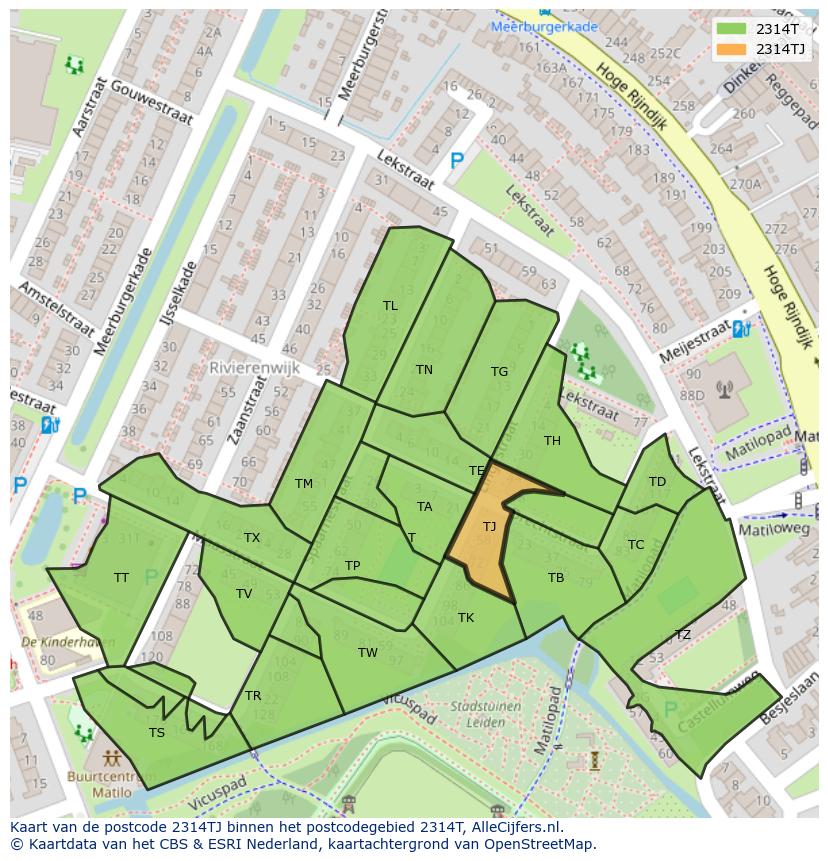 Afbeelding van het postcodegebied 2314 TJ op de kaart.