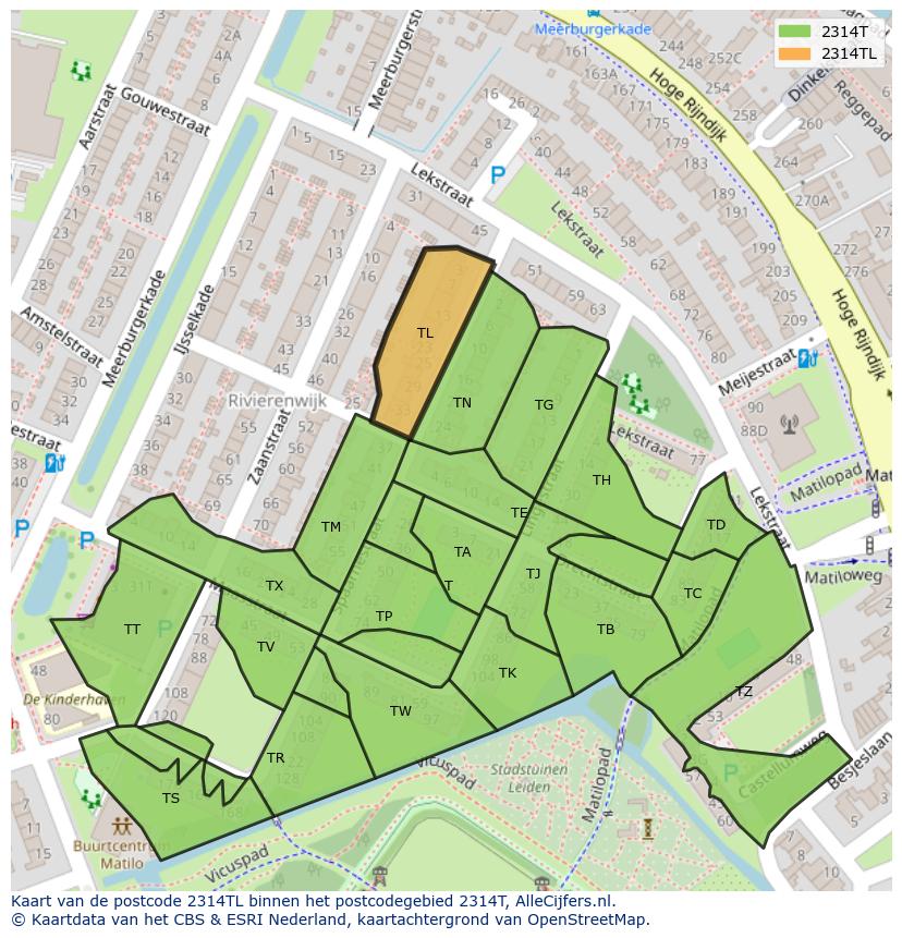 Afbeelding van het postcodegebied 2314 TL op de kaart.
