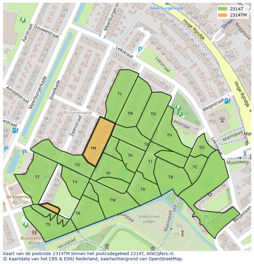 Afbeelding van het postcodegebied 2314 TM op de kaart.
