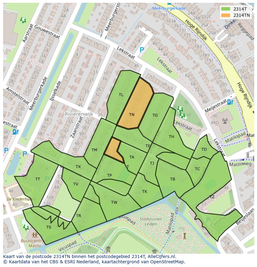 Afbeelding van het postcodegebied 2314 TN op de kaart.