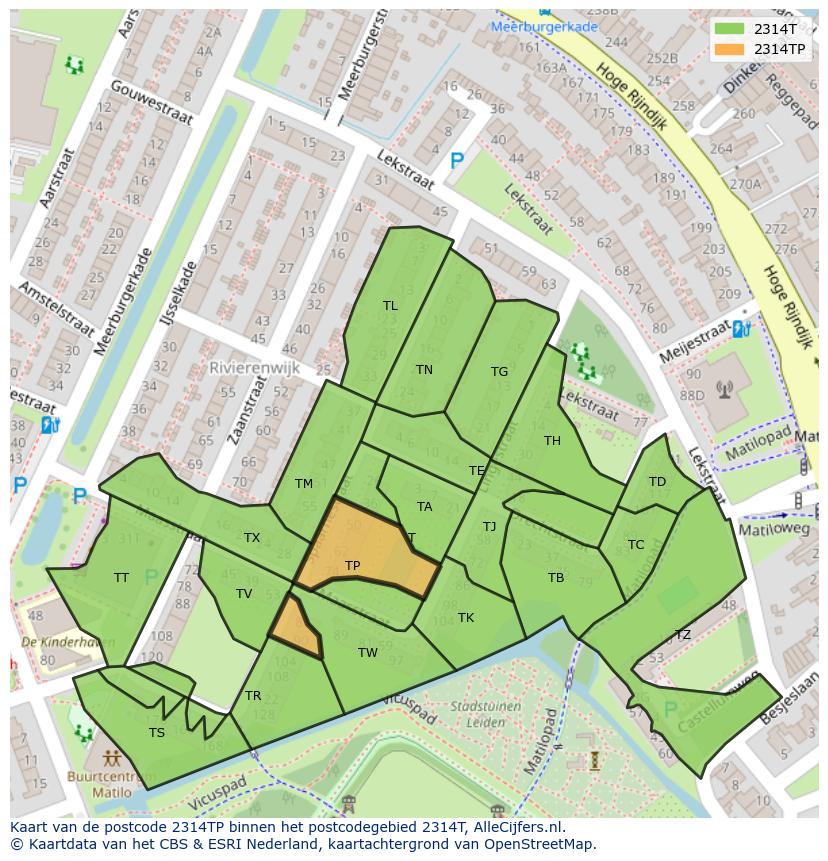 Afbeelding van het postcodegebied 2314 TP op de kaart.