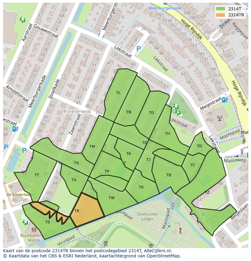 Afbeelding van het postcodegebied 2314 TR op de kaart.
