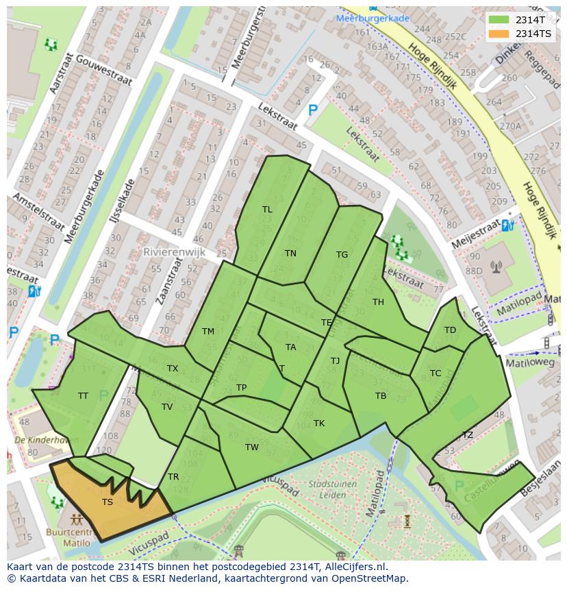Afbeelding van het postcodegebied 2314 TS op de kaart.