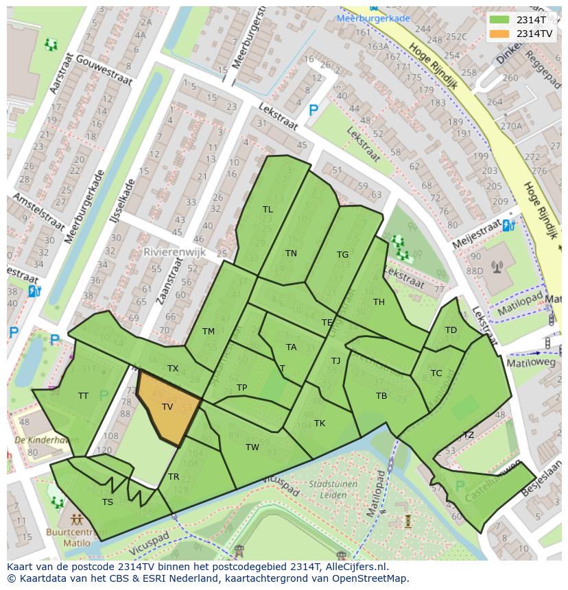 Afbeelding van het postcodegebied 2314 TV op de kaart.
