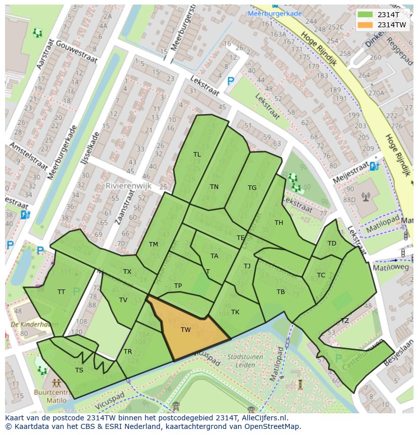 Afbeelding van het postcodegebied 2314 TW op de kaart.