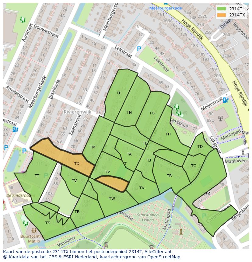 Afbeelding van het postcodegebied 2314 TX op de kaart.