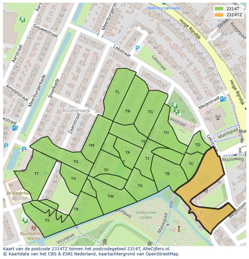 Afbeelding van het postcodegebied 2314 TZ op de kaart.