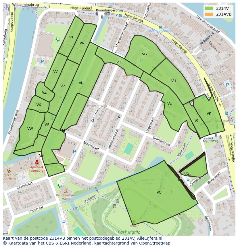 Afbeelding van het postcodegebied 2314 VB op de kaart.