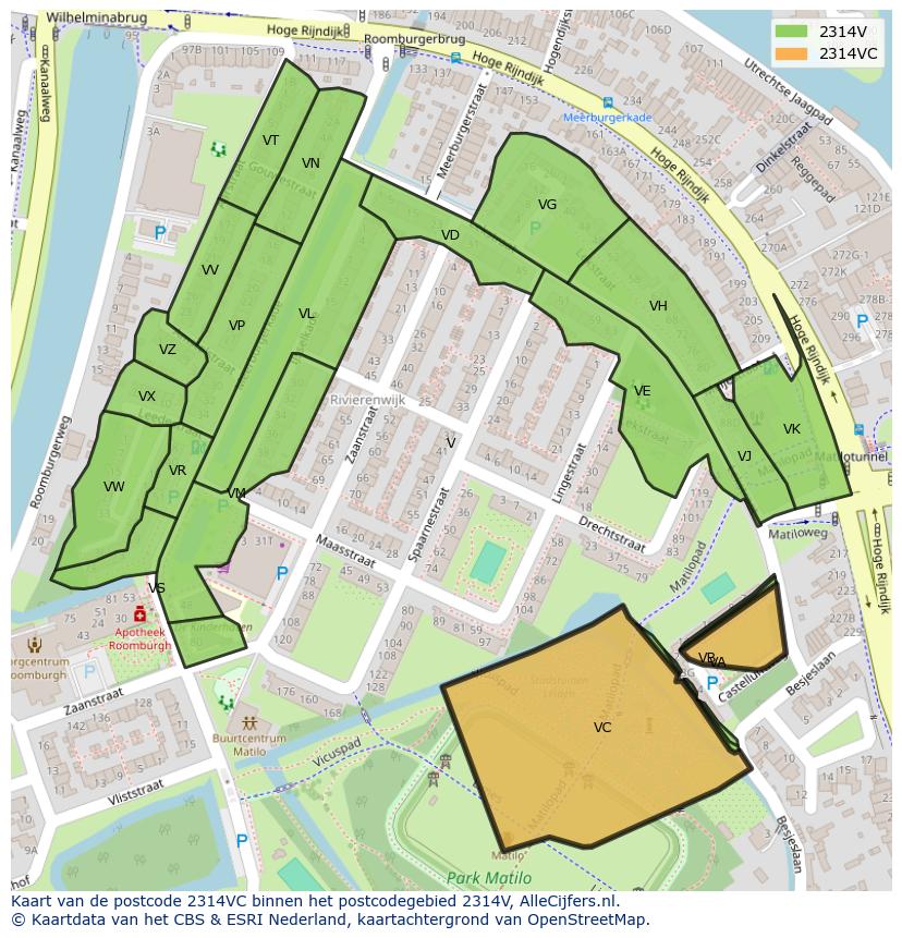 Afbeelding van het postcodegebied 2314 VC op de kaart.