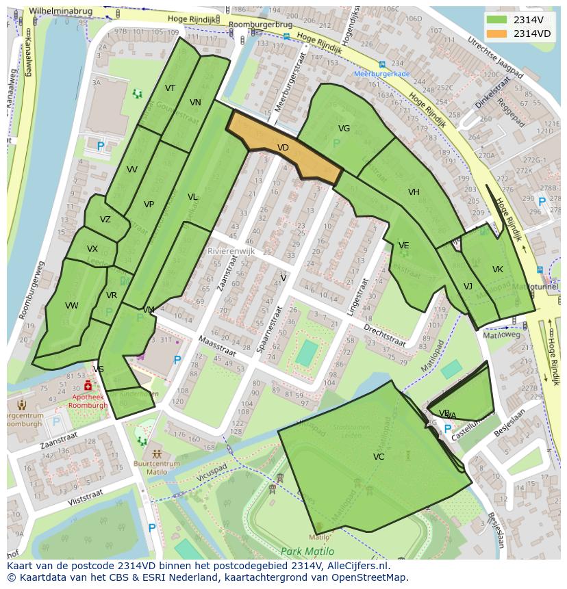 Afbeelding van het postcodegebied 2314 VD op de kaart.