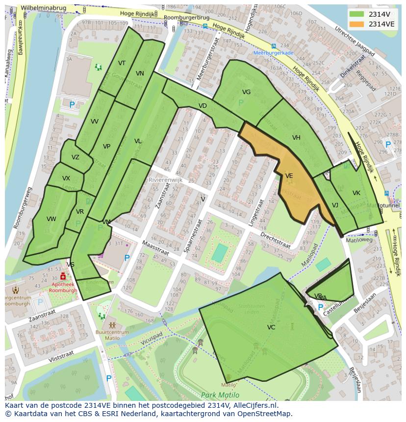 Afbeelding van het postcodegebied 2314 VE op de kaart.