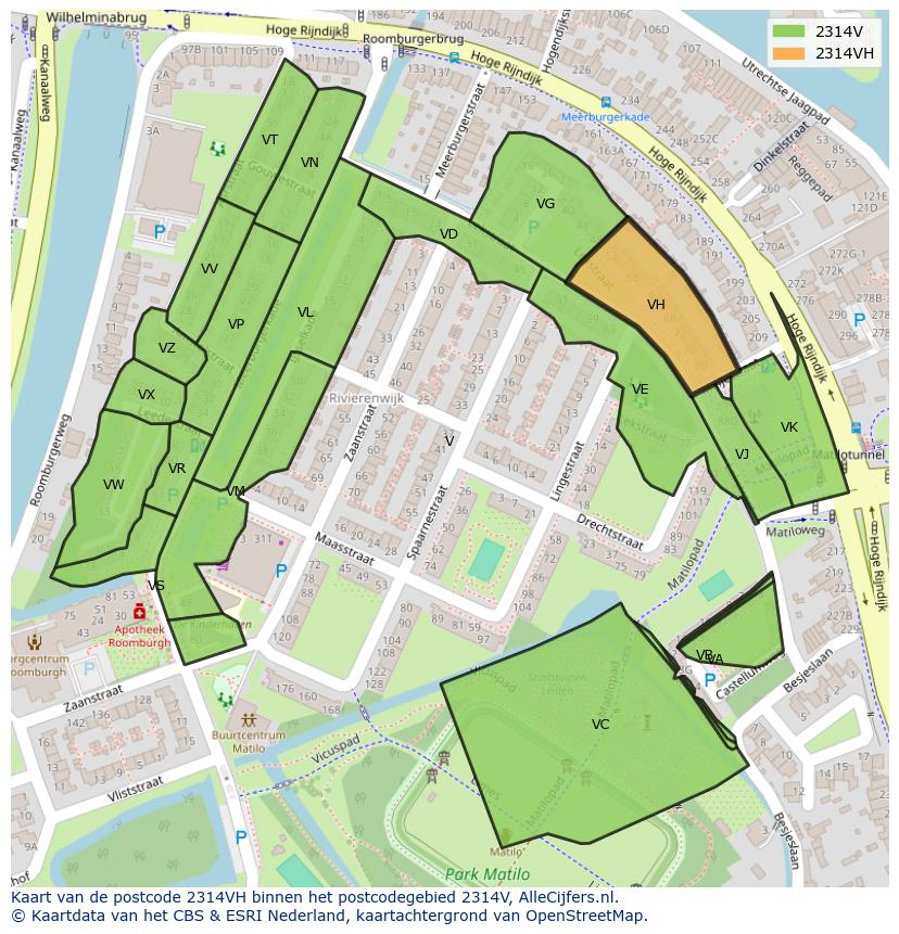 Afbeelding van het postcodegebied 2314 VH op de kaart.