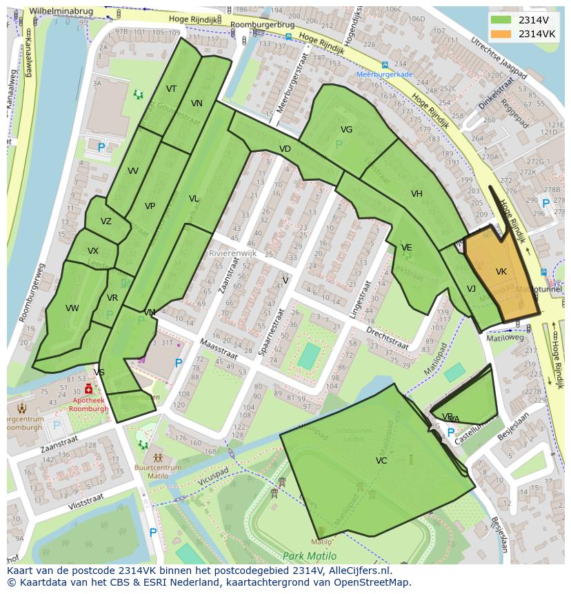 Afbeelding van het postcodegebied 2314 VK op de kaart.