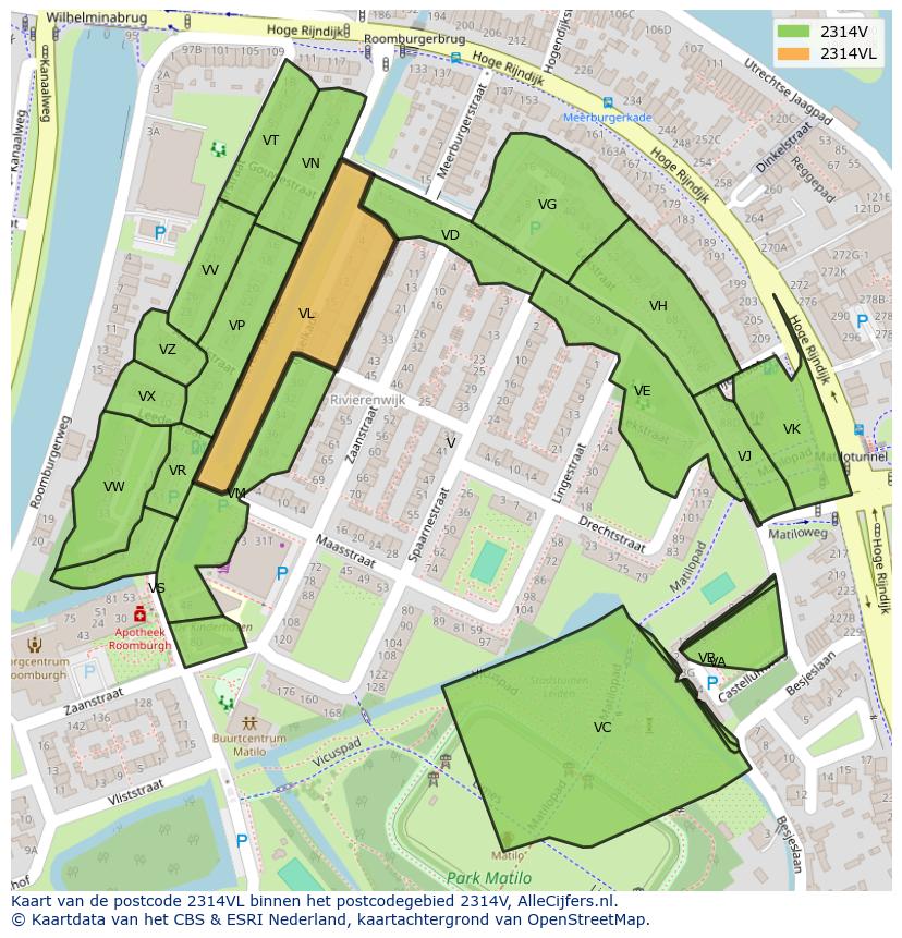 Afbeelding van het postcodegebied 2314 VL op de kaart.