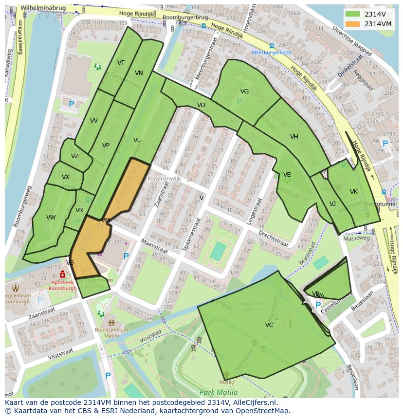 Afbeelding van het postcodegebied 2314 VM op de kaart.