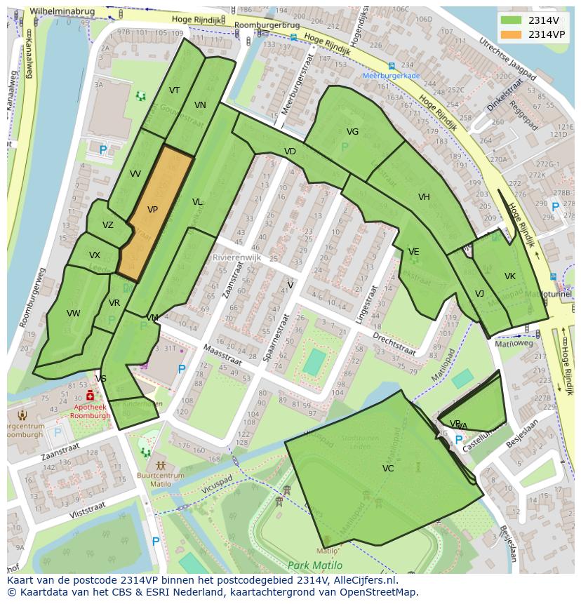 Afbeelding van het postcodegebied 2314 VP op de kaart.