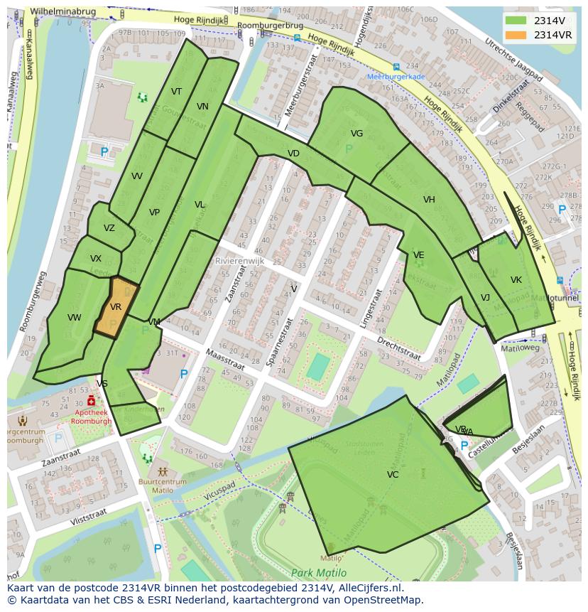 Afbeelding van het postcodegebied 2314 VR op de kaart.