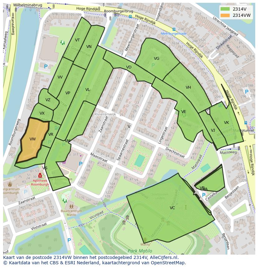 Afbeelding van het postcodegebied 2314 VW op de kaart.