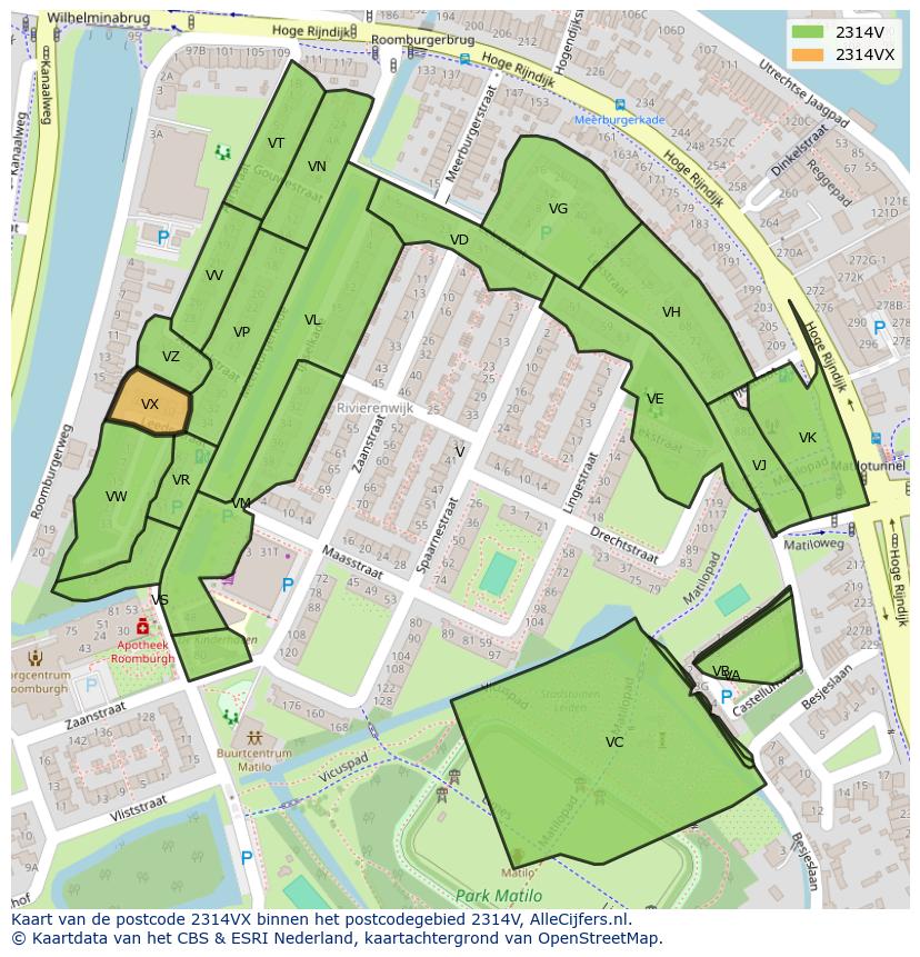 Afbeelding van het postcodegebied 2314 VX op de kaart.