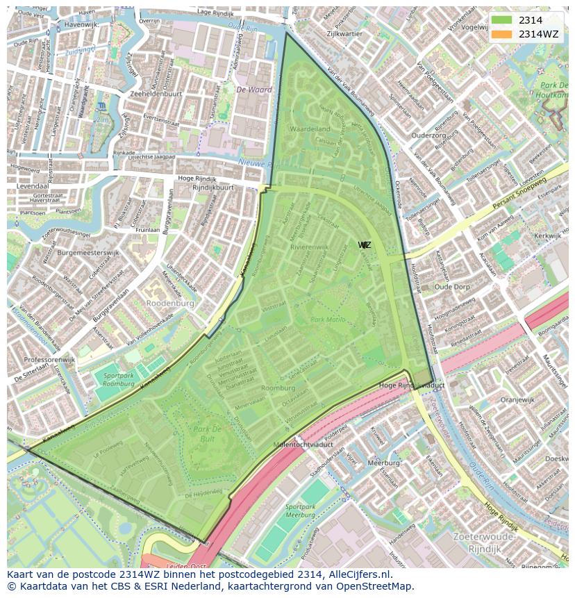 Afbeelding van het postcodegebied 2314 WZ op de kaart.