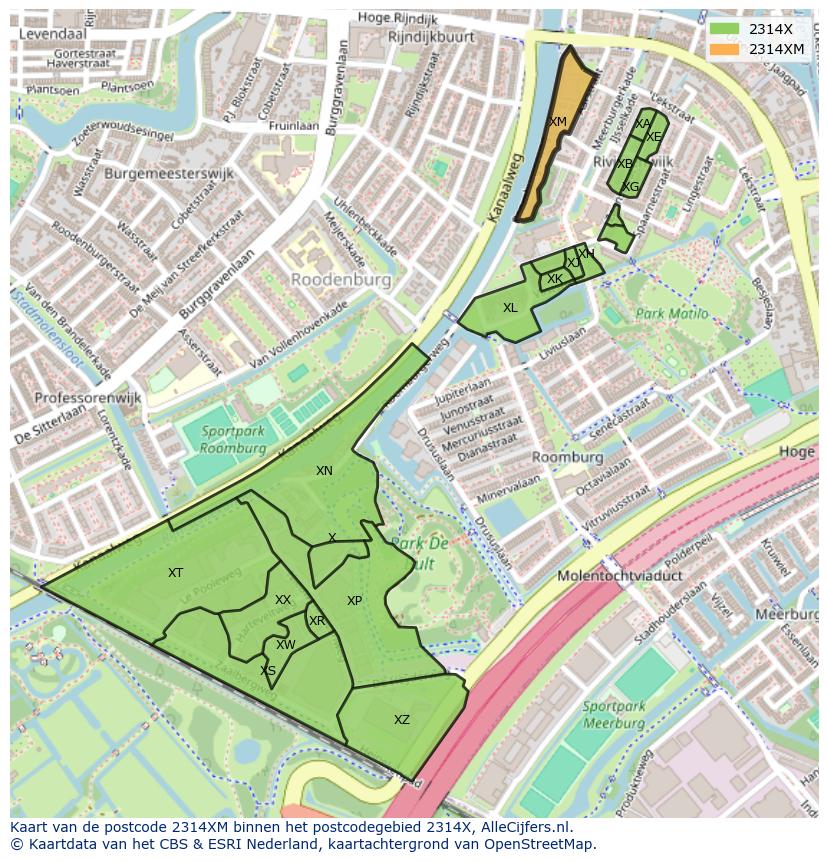 Afbeelding van het postcodegebied 2314 XM op de kaart.