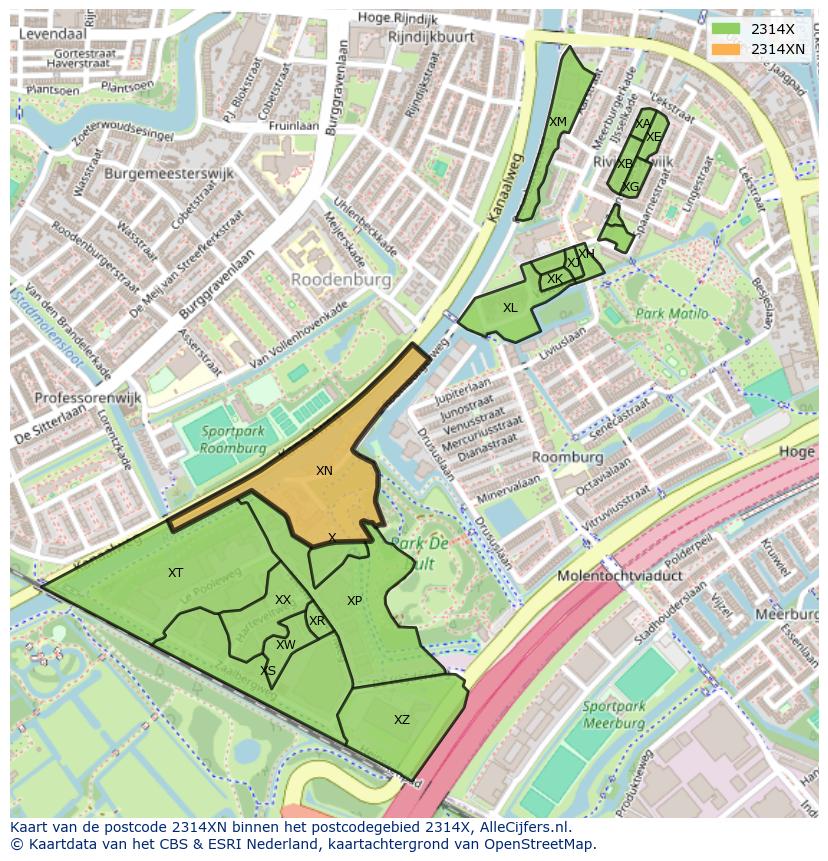 Afbeelding van het postcodegebied 2314 XN op de kaart.