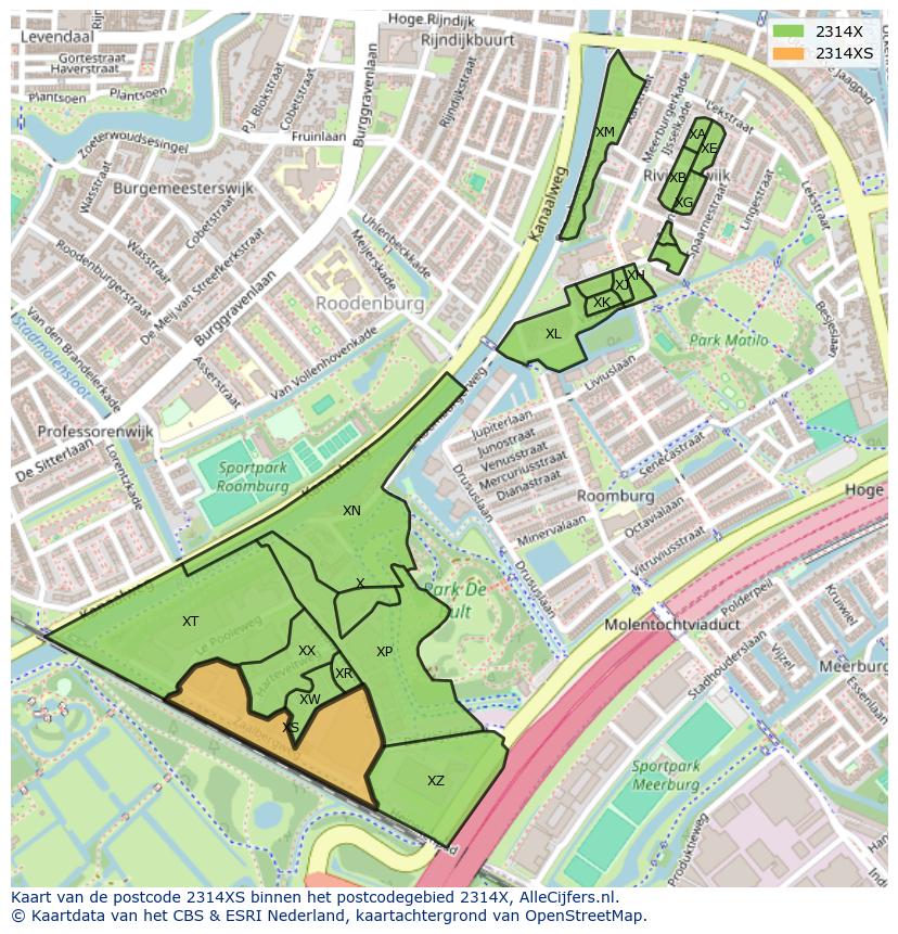 Afbeelding van het postcodegebied 2314 XS op de kaart.