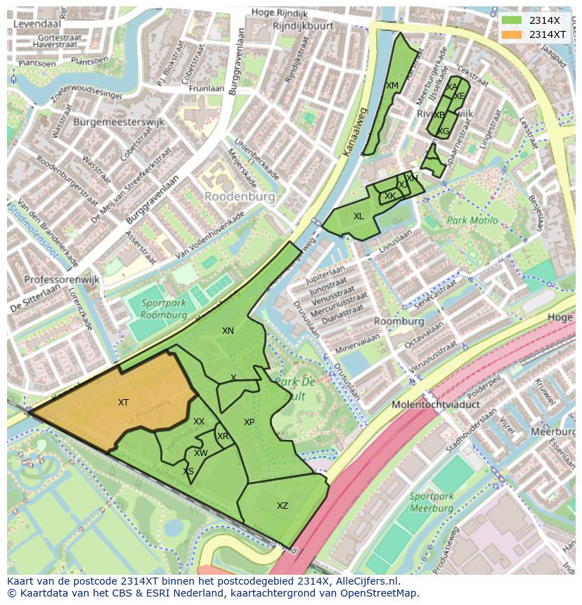 Afbeelding van het postcodegebied 2314 XT op de kaart.