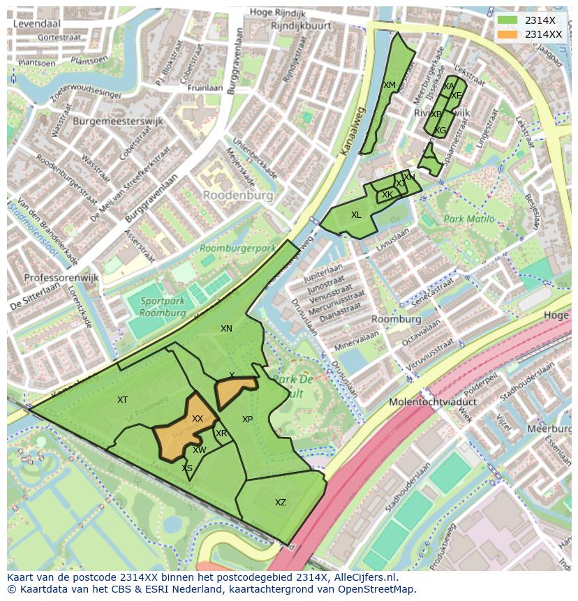 Afbeelding van het postcodegebied 2314 XX op de kaart.