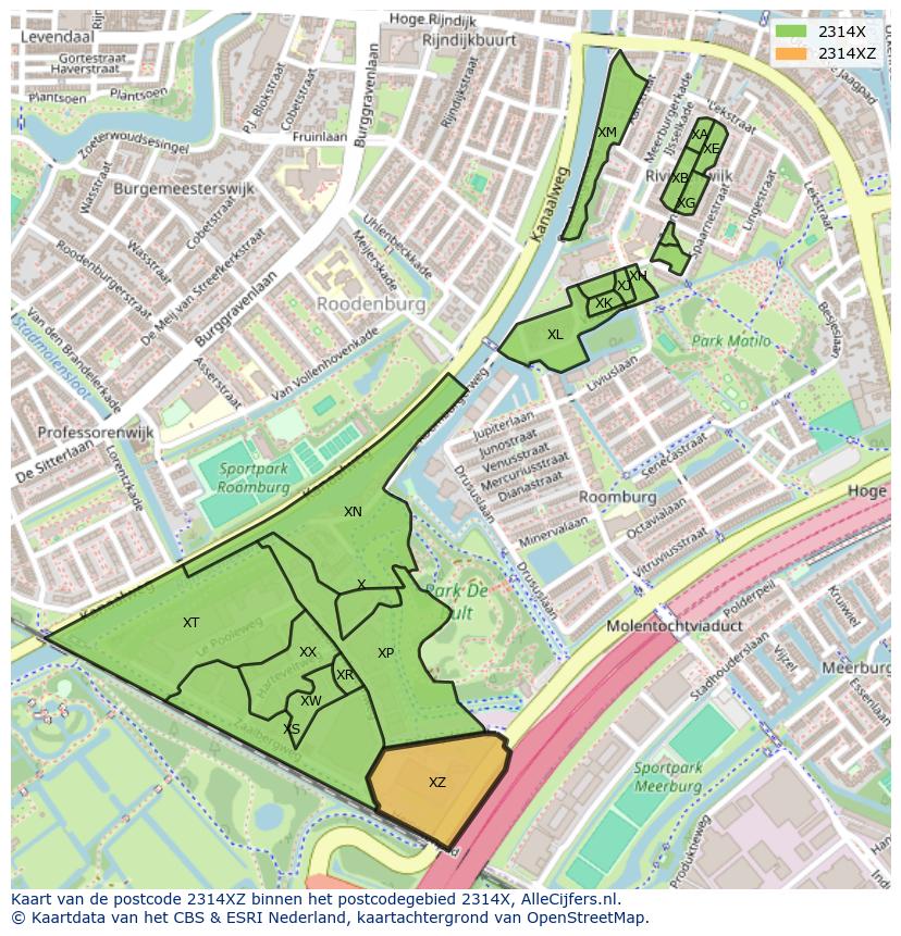 Afbeelding van het postcodegebied 2314 XZ op de kaart.