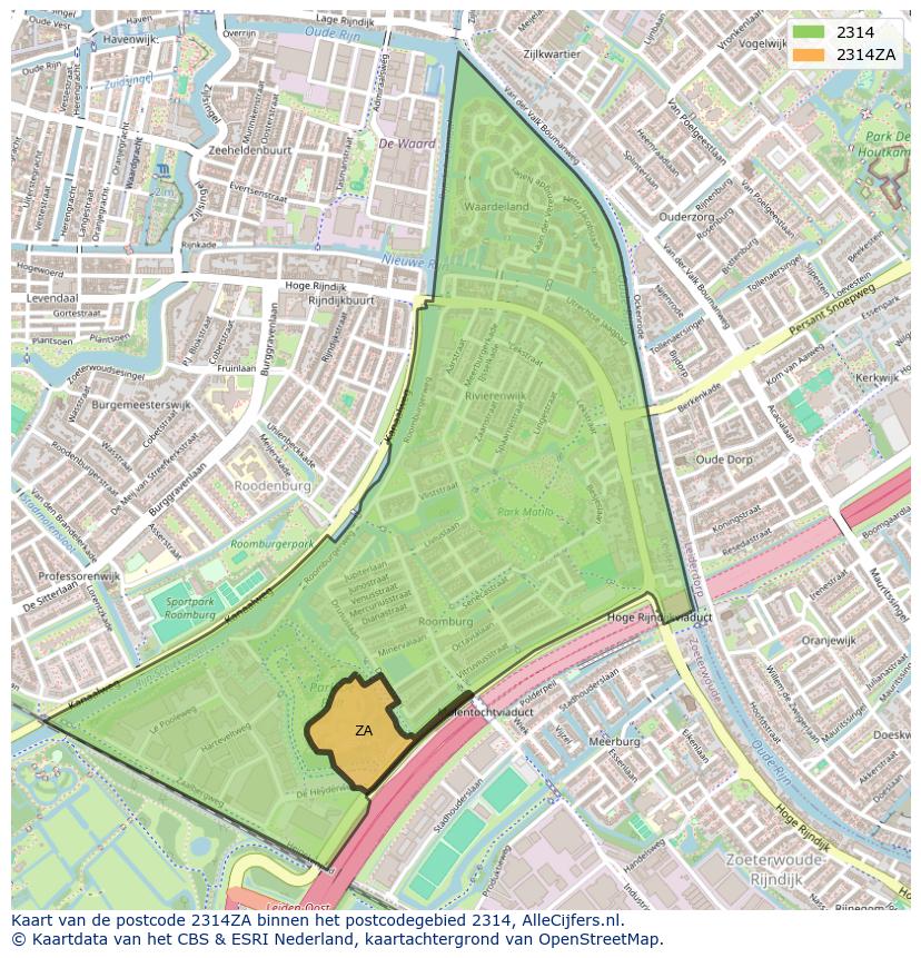 Afbeelding van het postcodegebied 2314 ZA op de kaart.
