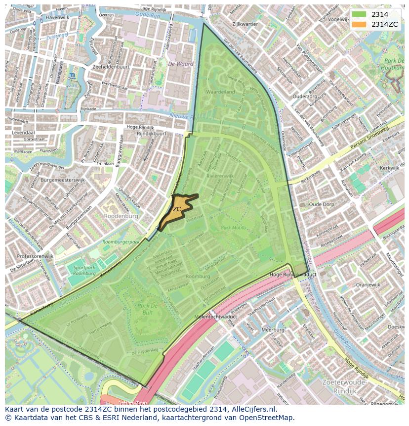 Afbeelding van het postcodegebied 2314 ZC op de kaart.