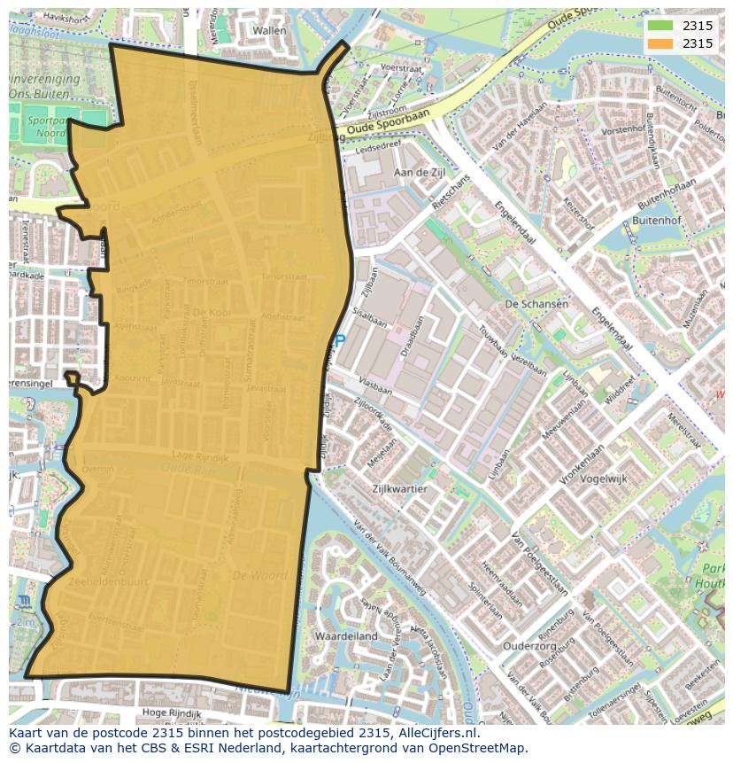 Afbeelding van het postcodegebied 2315 op de kaart.