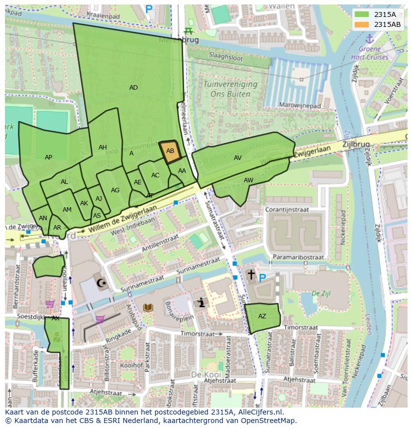 Afbeelding van het postcodegebied 2315 AB op de kaart.