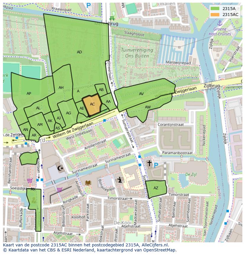 Afbeelding van het postcodegebied 2315 AC op de kaart.