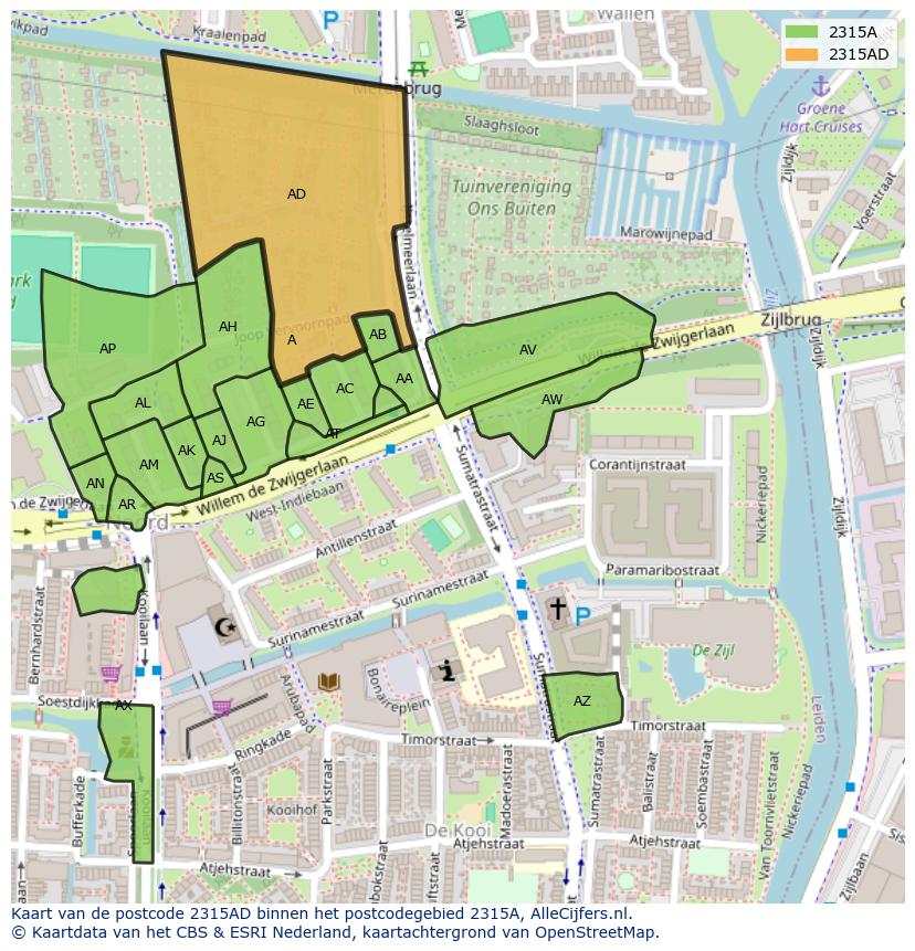 Afbeelding van het postcodegebied 2315 AD op de kaart.