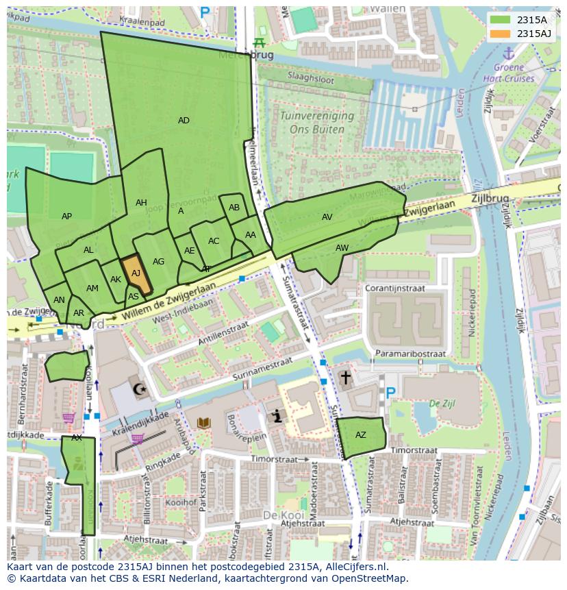 Afbeelding van het postcodegebied 2315 AJ op de kaart.