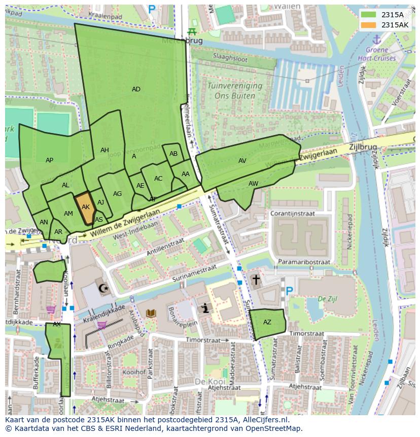 Afbeelding van het postcodegebied 2315 AK op de kaart.