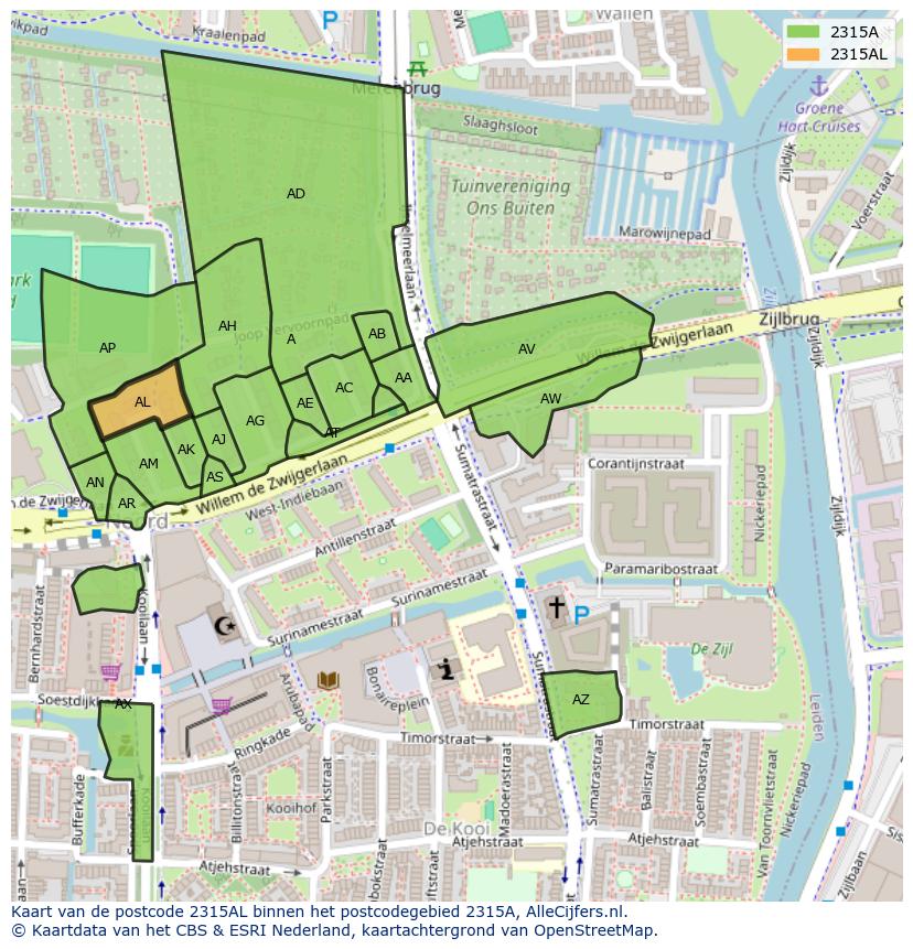 Afbeelding van het postcodegebied 2315 AL op de kaart.