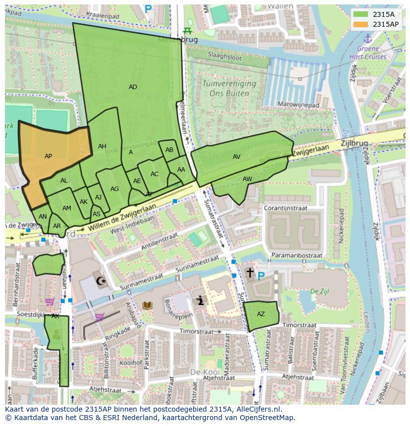 Afbeelding van het postcodegebied 2315 AP op de kaart.