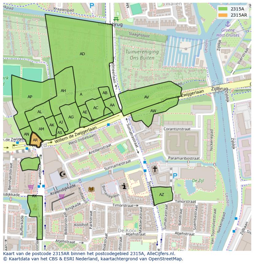 Afbeelding van het postcodegebied 2315 AR op de kaart.