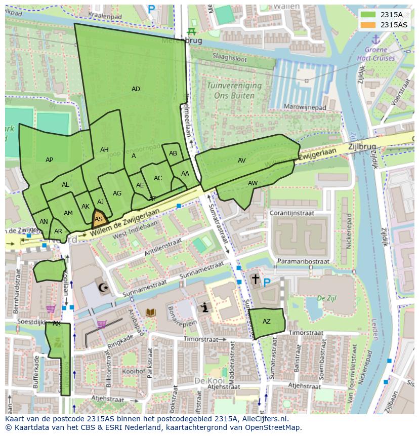 Afbeelding van het postcodegebied 2315 AS op de kaart.