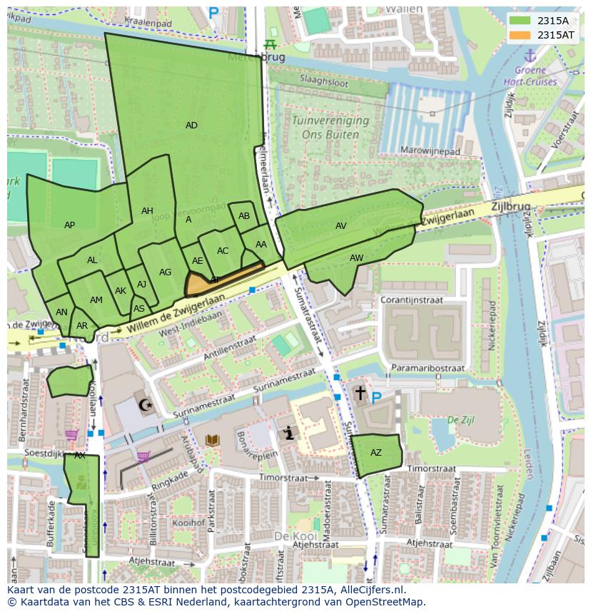 Afbeelding van het postcodegebied 2315 AT op de kaart.