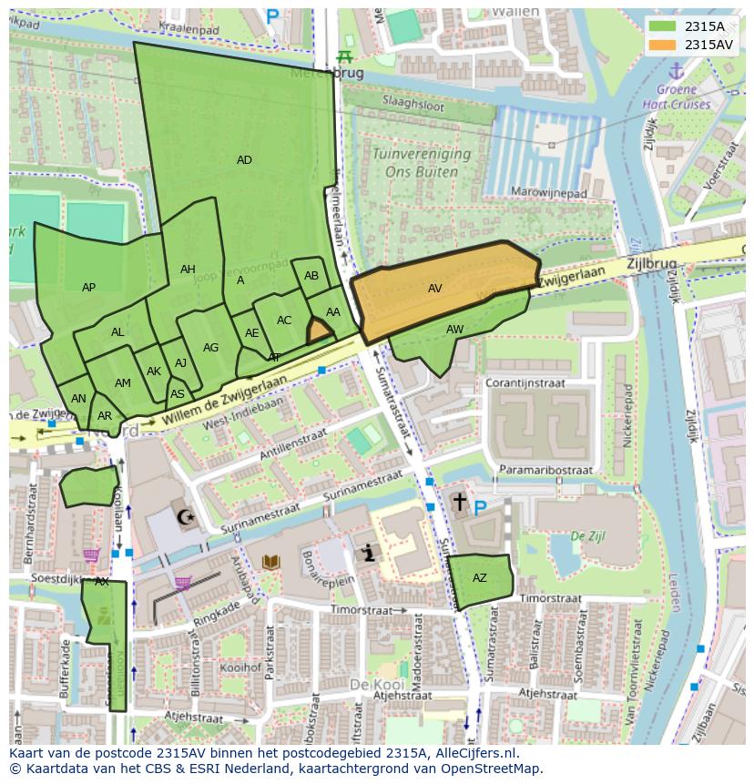 Afbeelding van het postcodegebied 2315 AV op de kaart.