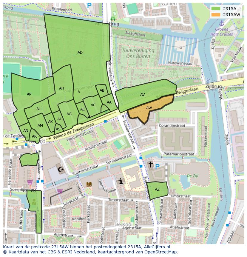 Afbeelding van het postcodegebied 2315 AW op de kaart.