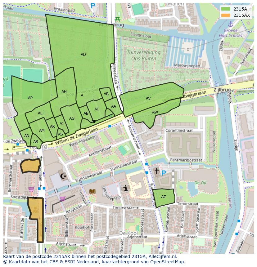 Afbeelding van het postcodegebied 2315 AX op de kaart.