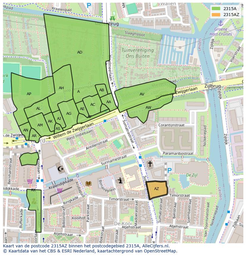 Afbeelding van het postcodegebied 2315 AZ op de kaart.