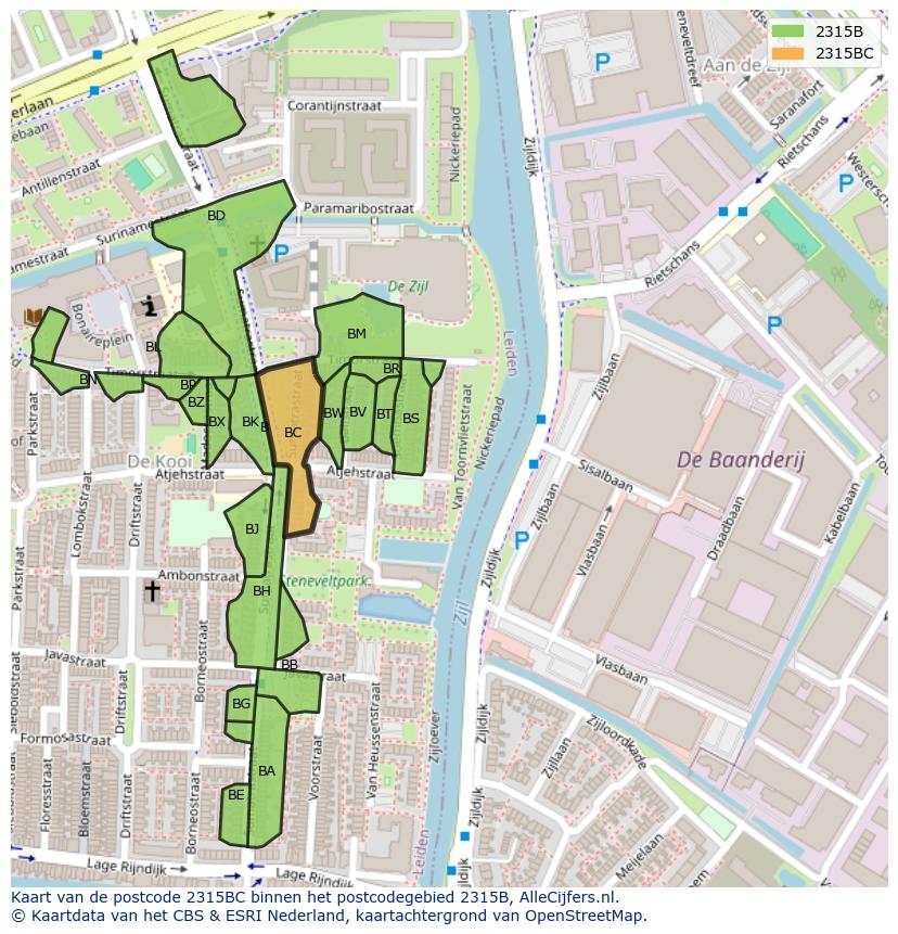 Afbeelding van het postcodegebied 2315 BC op de kaart.